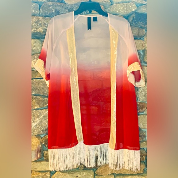 Boho fringe duster coverup red and white Boho red white - Picture 1 of 5